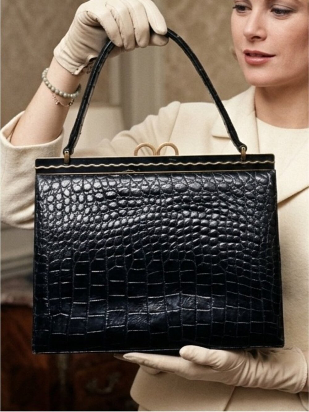 Vintage 50s 60s Black Croc Embossed Leather w/ Top Handle Purse - Kelly style